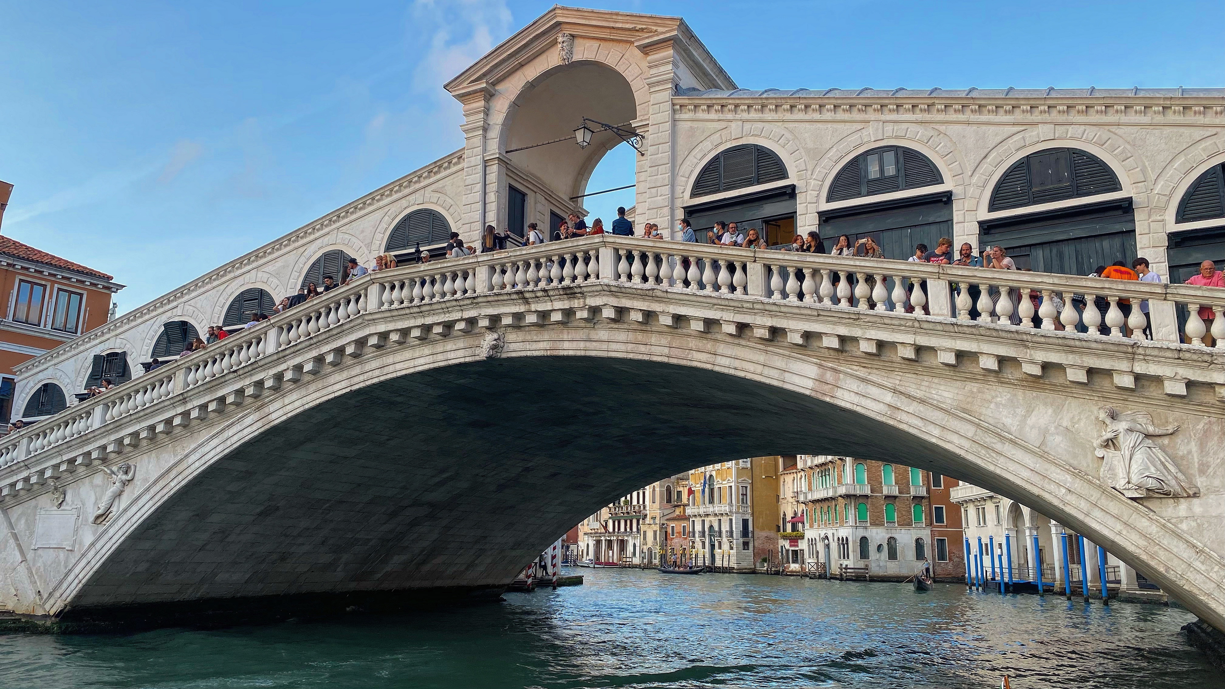 24 hours in Venice. Bridge of Rialto on Grand Canal on Venice post-pandemic.