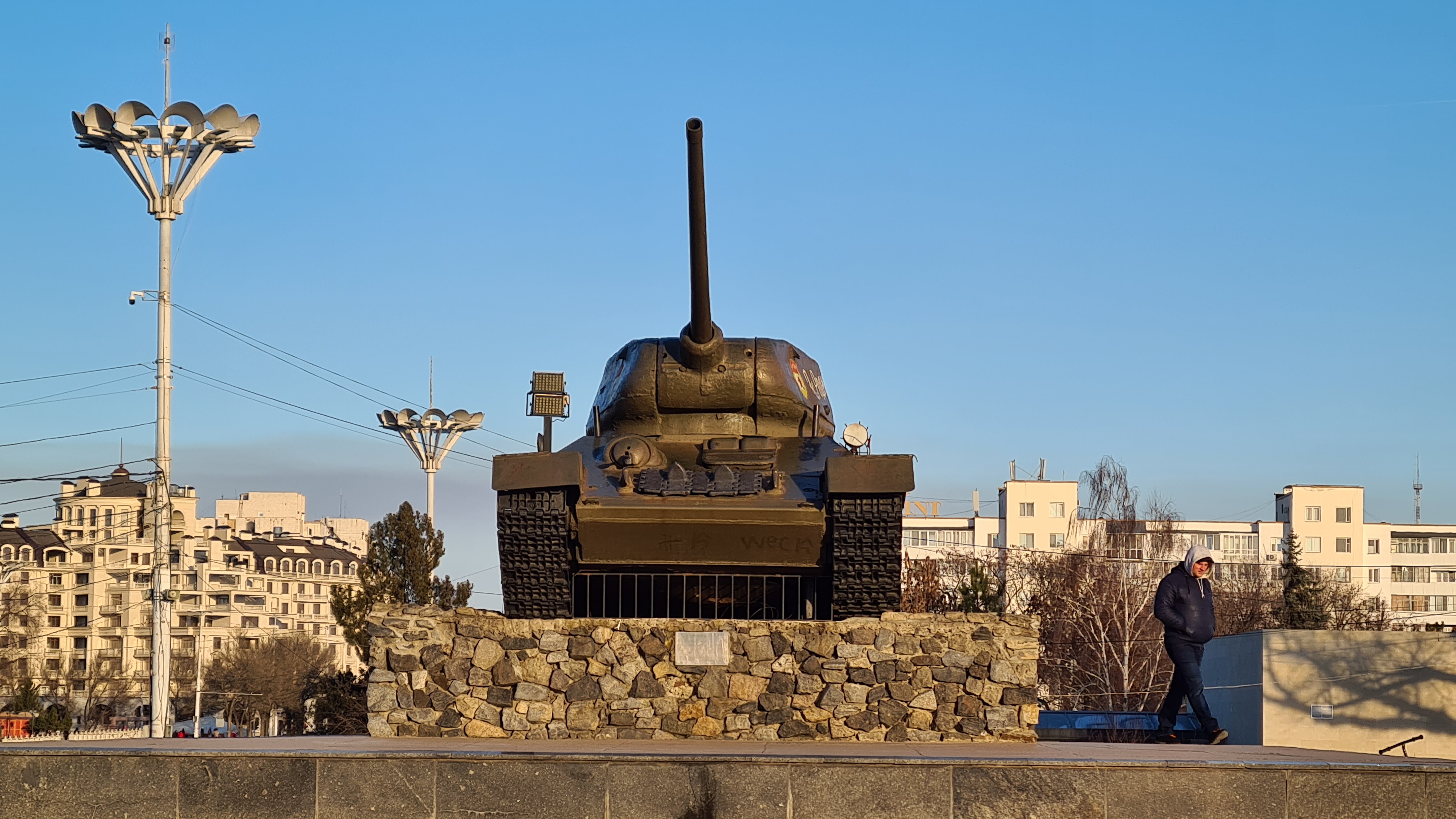 Tiraspol, Moldova – February 13, 2022: Tank Monument at Memorial of Glory located on Suvorov Square of Tiraspol, the capital of Transnistria. The tank is a T-34-85 model which participated in the IIWW.